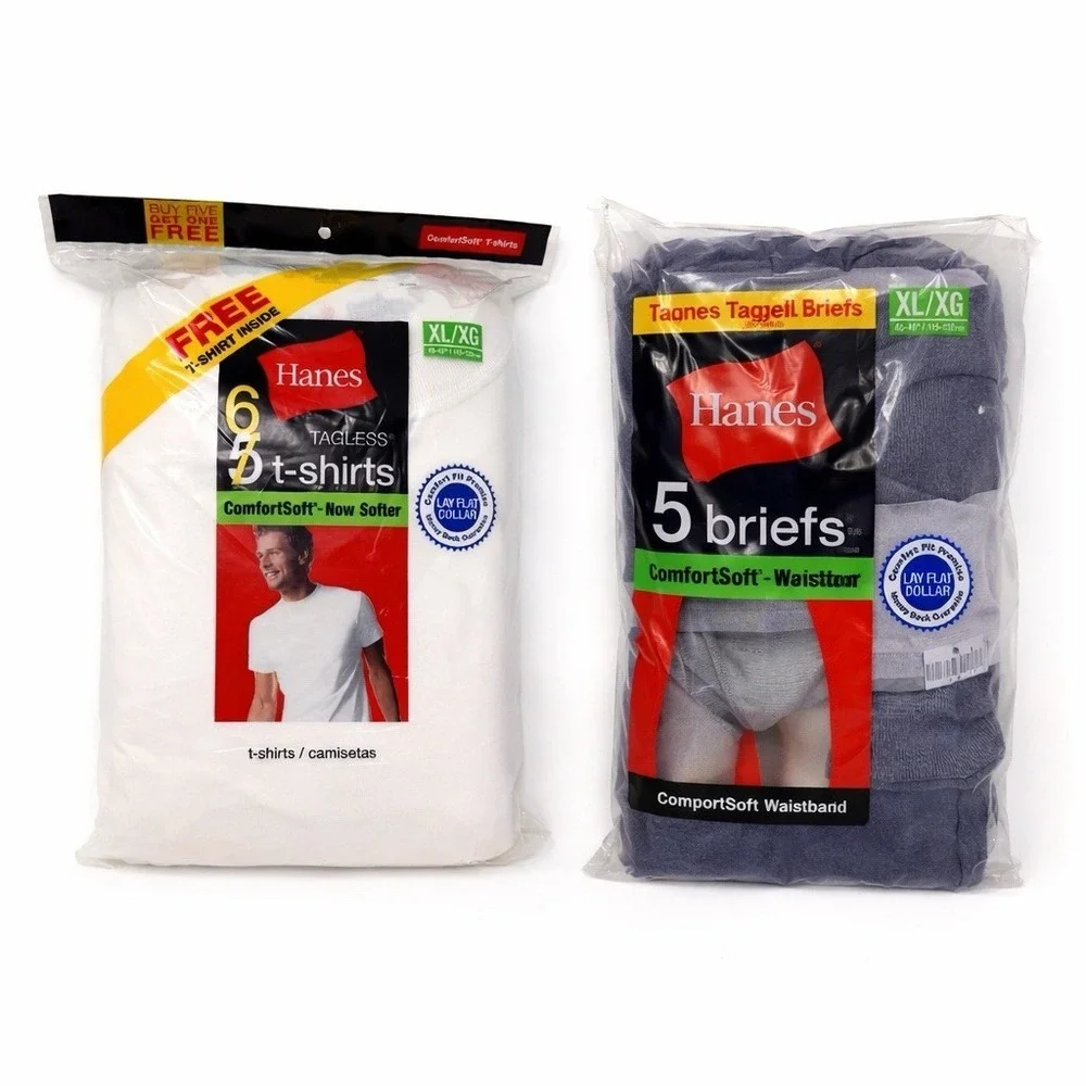 Hanes Men's XL Underwear Bundle T Shirts 6 PK + Briefs 5 PK Tagless New Sealed
